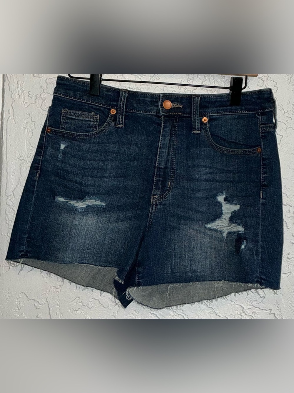 Universal Thread Dark Wash Distressed High Rise Midi Denim Shorts - Frayed Hem